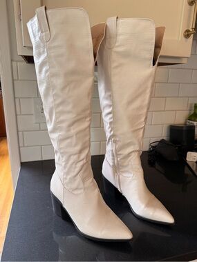 Journee Collection White Croc-Embossed Knee-High Heeled Boots